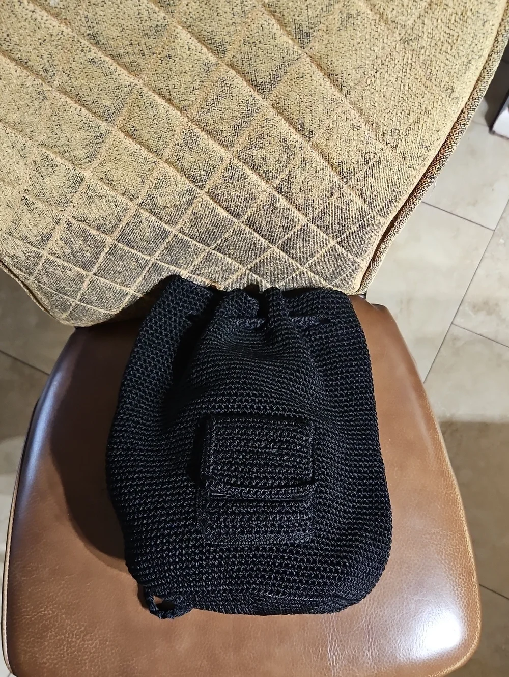 The Sak Dylan Black Crochet Knit Drawstring Backpack Bag Purse